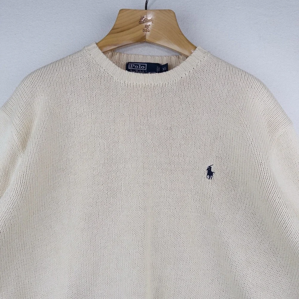 90's Vtg Polo Ralph Lauren Knit Sweater Mens XL Cream Beige Pima Cotton Crewneck
